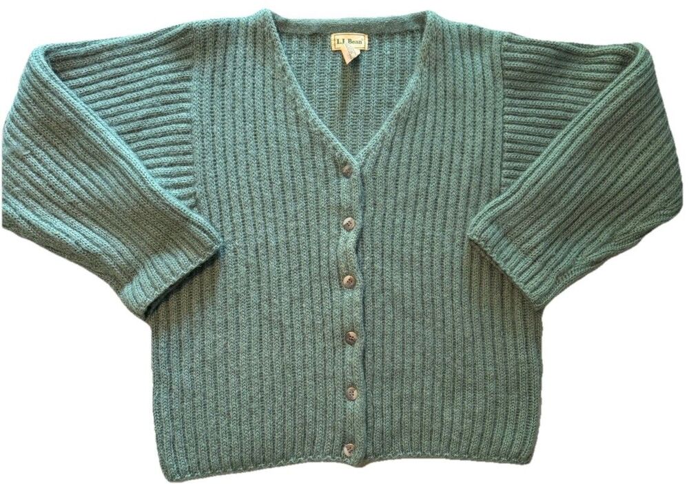 Vintage LL Bean Mohair Cardigan Sweater Womens L Teal Green Ribbed Knit Button